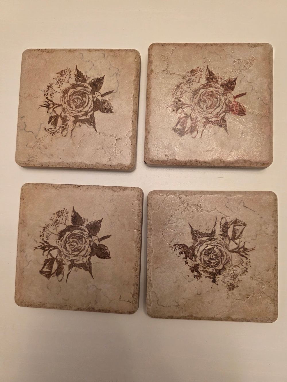 Set of 4 Floral Stone Coasters - Beige with Brown Rose Print
